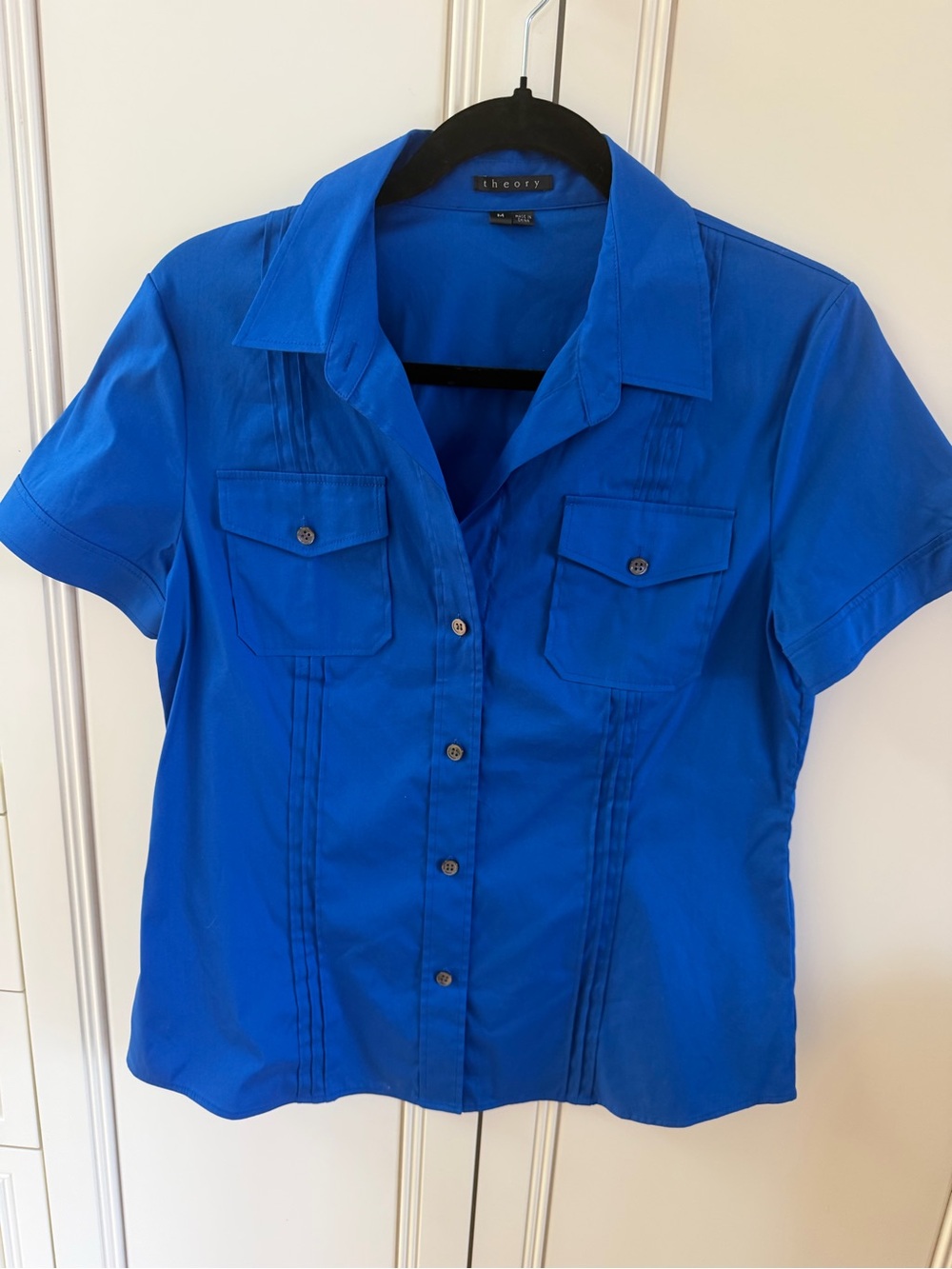 Theory Short Sleeve Button-Front Shirt in Bright Blue